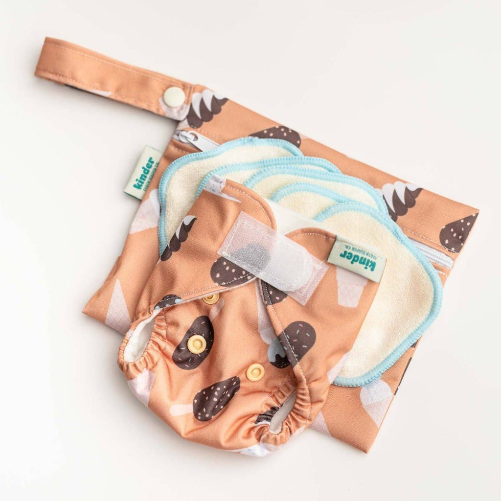 Reusable Doll Toy Diaper Set with 5 Mini Reusable Baby Wipes: Ice Cream Cones