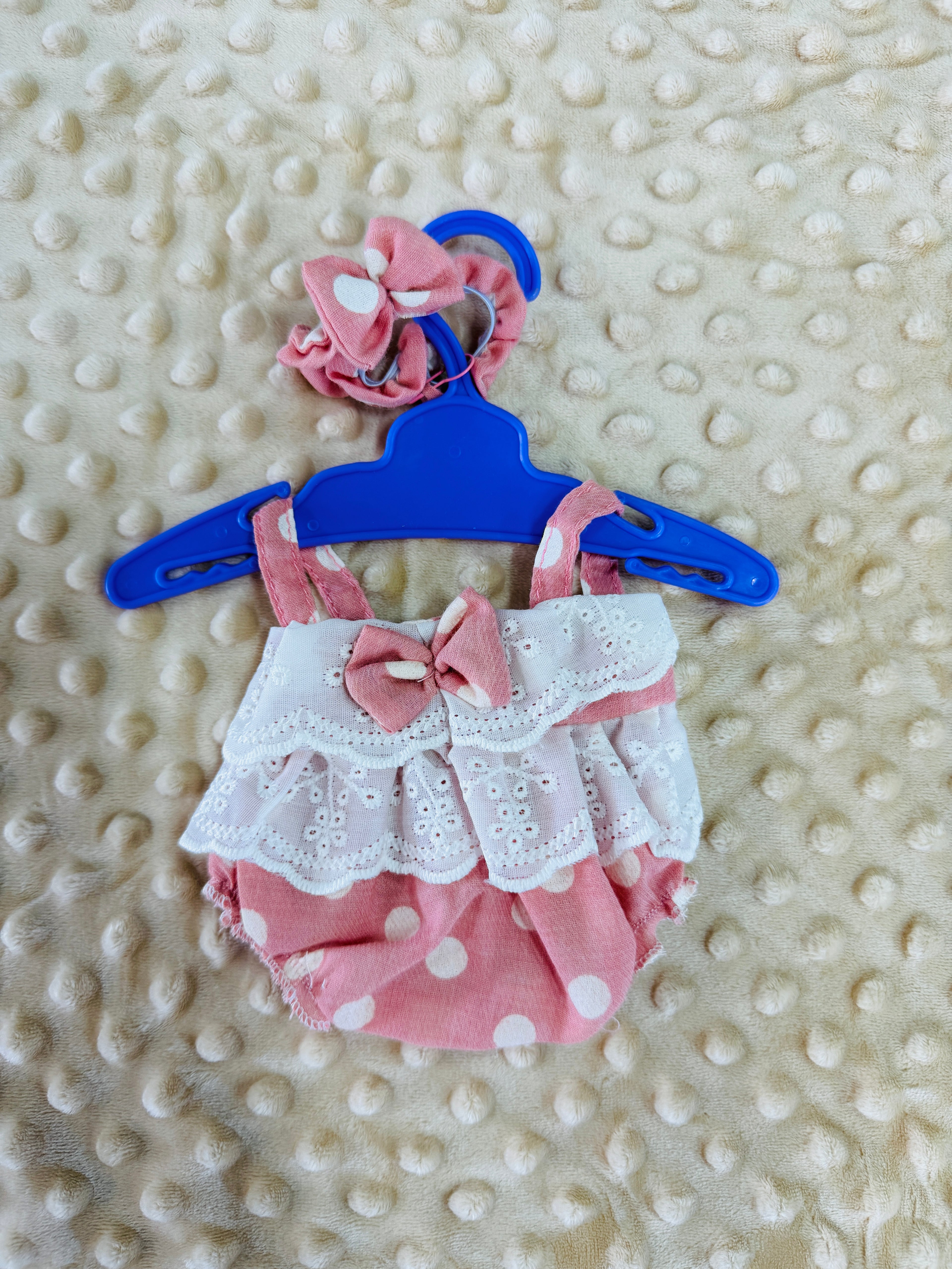 Polka Dot Lace Jumper & Hair Bow Set – 12" Preemie Silicone Baby Doll Outfit