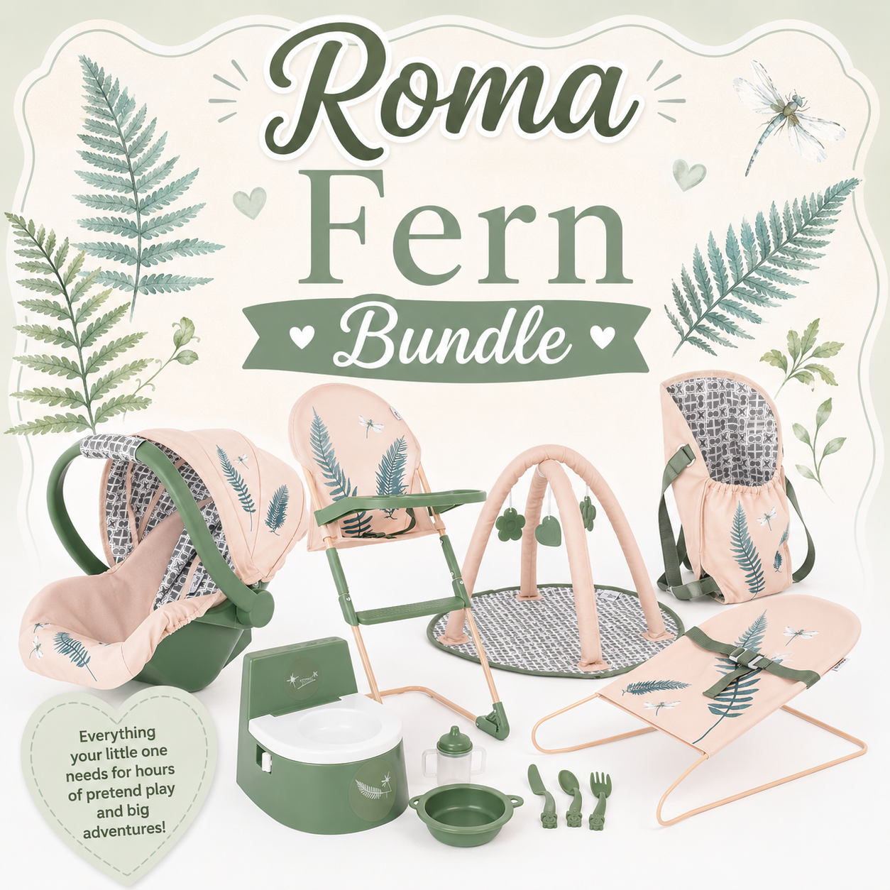 Roma Fern Bundle – 10-Piece Nursery Playset, High Chair & Car Seat
