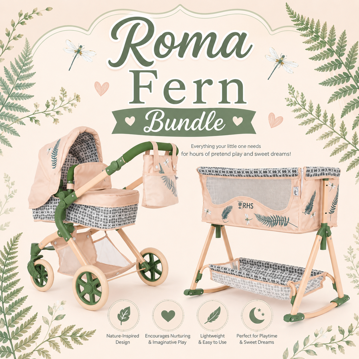 Roma Fern Bundle – Single Doll Pram & Bedside Crib Set