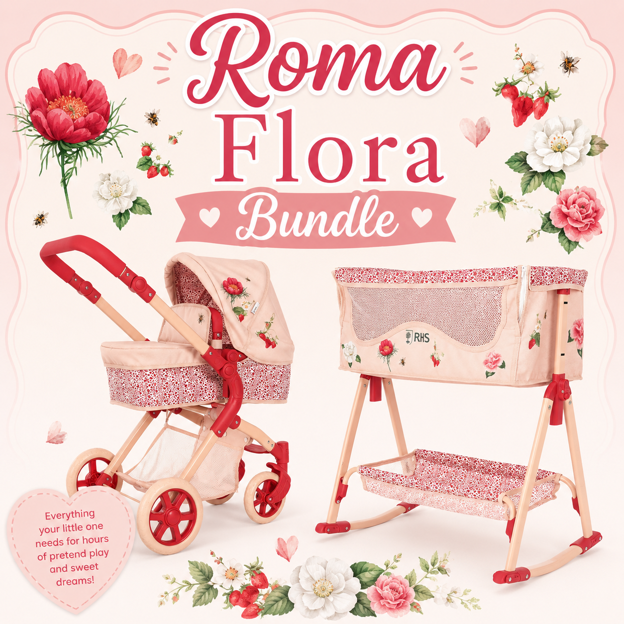 Roma Flora Bundle – Single Doll Pram & Bedside Crib Set