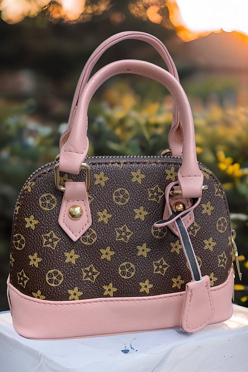 Brown Star Print Mini Purse | Wide Strap Crossbody Bag with Pink Trim for Girls & Tweens